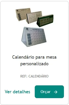 Calendário de mesa Card de produto mostrando calendário de mesa personalizado, um dos brindes de fim de ano disponíveis para encomenda