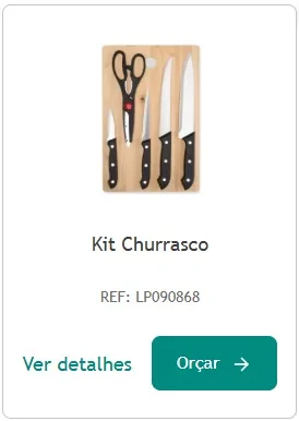 Kit Churrasco Card de produto mostrando kit churrasco com tesoura e facas em tábua de madeira