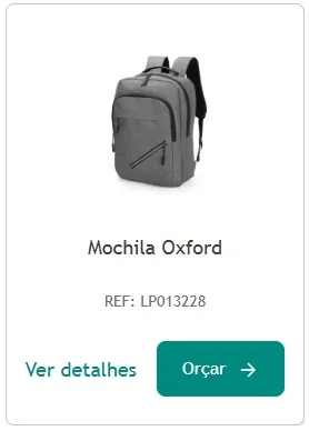 Mochila Oxford Card de produto exibindo mochila Oxford cinza personalizada, opção de brindes de fim de ano para uso corporativo