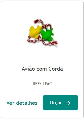 Card de produto exibindo brinquedo avião com corda nas cores amarela e verde para cães